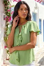 Mint Frilled Sleeve Tie Front Top, Image 1 of 4