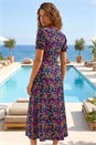 Pink Floral Print Ruched Stretch Midi Dress, Image 3 of 4