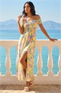 Yellow Floral Print Bardot Shirred Midi Dress, Image 1 of 4