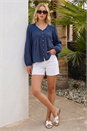 Navy  Crochet Button Up Blouse, Image 2 of 4