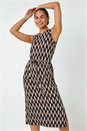 Black Abstract Print Drawcord Stretch Midi Dress, Image 2 of 5