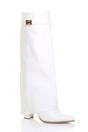 White AJVANI White High Block Heel Pointed Toe Fold Over Knee Boots, Image 2 of 4