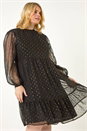 Gold Curve High Neck Metallic Overlay Swing Dress, Image 1 of 7