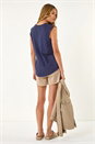 Navy  Sleeveless V-Neck Lace Trim Cotton Top, Image 3 of 5
