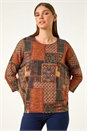 Orange Patchwork Print Stretch Top, Image 2 of 5
