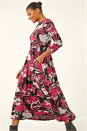 Red Floral Print Pocket Midi Dress, Image 4 of 5