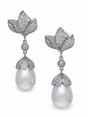 Silver Leaf Pavé Pearl Drop Earrings, Image 1 of 3