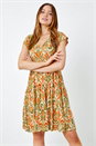 Khaki Aztec Print Tiered Tea Dress, Image 2 of 5