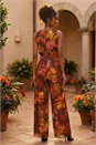 Brown Floral Print Pleated Jumpsuit , Image 3 of 4