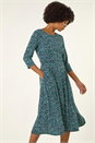 Green Abstract Print Gathered Stretch Midi Dress, Image 1 of 5