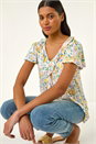 White Floral Print Ruffle V-Neck Top, Image 1 of 5