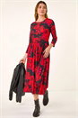 Red Rose Print Gathered Stretch Midi Dress, Image 2 of 5