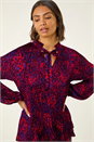 Red Animal Print Tie Neck Pleated Top, Image 4 of 5