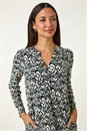 Teal Aztec Print V-Neck Shift Stretch Dress, Image 4 of 5