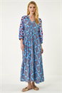 Blue Abstract Print V-Neck Maxi Dress, Image 2 of 5