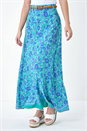 Green Floral Print Belted A line Maxi Skirt, Image 4 of 5