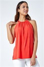 Coral Tie Back Halter Neck Trim Detail Stretch Top, Image 1 of 5