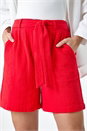 Red Textured Elastic Tie Waist Cotton Shorts, Image 5 of 7