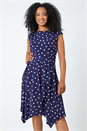 Navy Petite Polka Dot Tie Waist Asymmetric Dress, Image 1 of 5