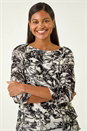 Black Flock Floral Asymmetric Hem Top, Image 4 of 5