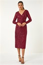 Red Sequin Front Wrap Midi Stretch Dress, Image 2 of 5