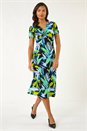 Blue Leaf Print Twist Front Midi Dress, Image 2 of 5