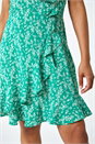 Green Petite Floral Print Ruffle Wrap Skater Dress, Image 5 of 5