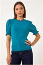 Teal Puff Sleeve Buttoned Knit Top, Image 4 of 5