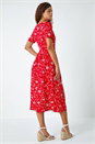 Red Floral Print Stretch Wrap Midi Dress, Image 3 of 5