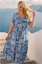 Blue Curve Postcard Print Midi Dress , Image 2 of 4