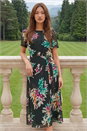 Black Floral Print Pleat Neck Midi Dress , Image 2 of 4