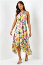 Pink Tropical Print Halter Neck Chiffon Dress, Image 3 of 5