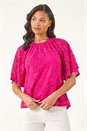 Magenta Lace Angel Sleeve Stretch Top, Image 4 of 5