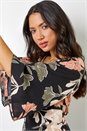 Black Tropical Print V-Neck Ruched Tunic Top, Image 4 of 5