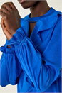 Royal Blue Ruffle Front Keyhole Satin Top, Image 5 of 5