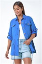 Blue Textured Tie Waist Shirt Jacket, Image 2 of 6