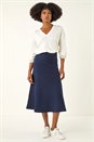 Midnight Blue Plain Elastic Waist Knitted A Line Midi Skirt, Image 3 of 5