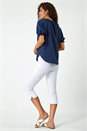 Navy  Puff Sleeve Button Up Detail V-Neck Blouse, Image 3 of 5