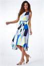 Blue Geo Print Asymmetric Fit And Flare Dress, Image 1 of 5