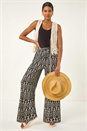 Black Crinkle Print Tie Detail Trousers, Image 1 of 5
