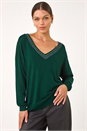 Dark Green Hotfix Trim V-Neck Knit Jumper, Image 4 of 5
