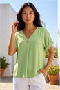 Green Petite One Buttoned V-Neck Top, Image 1 of 4