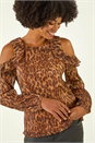 Tan Animal Print Plisse Ruffle Top, Image 4 of 5