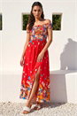 Red Floral Print Bardot Shirred Midi Dress, Image 1 of 4