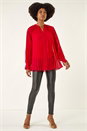 Red Tie V-Neck Pleated Blouse, Image 2 of 5